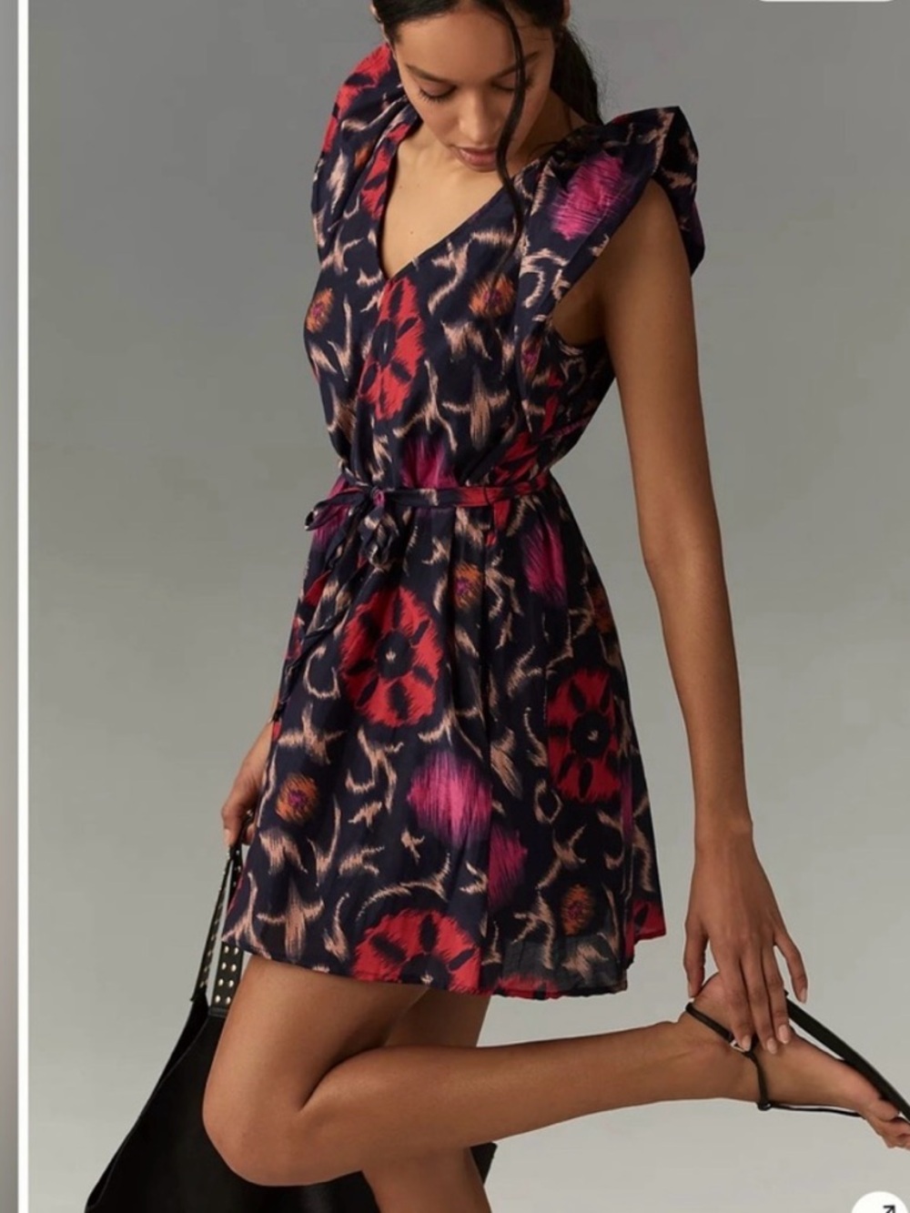 Velvet - Floral Print V-Neck Flutter Sleeve Dress in Navy and Red